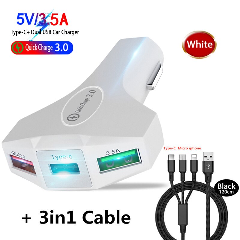 Quick Charge 3.0 Car 7A QC3.0 Turbo Fast Charging Car-charger 3 USB Car Mobile Phone Charger for iphone Micro USB Type C: White and 3in1 Cable