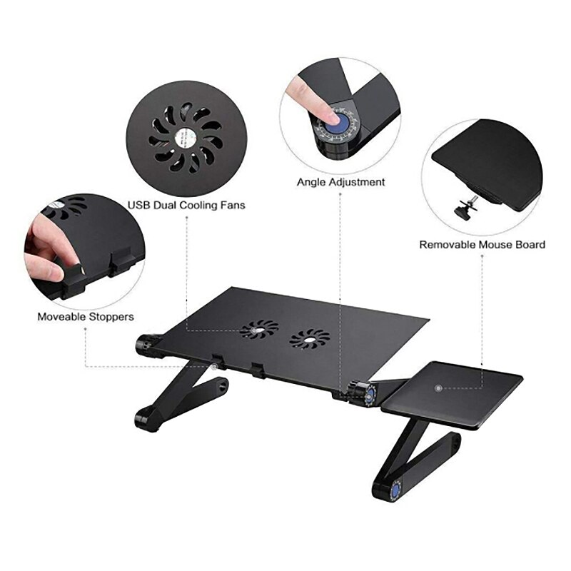 Notebook-skrivebord, bærbart multifunktionelt foldbart dobbeltventilator-køleskabscomputerstativ med musemåttebakke
