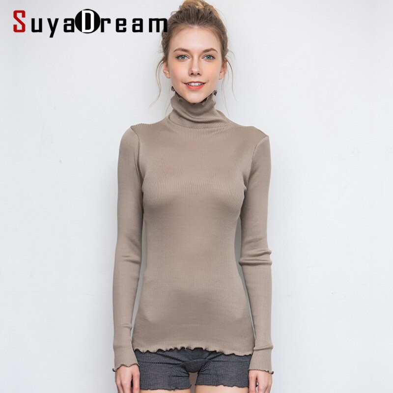 SuyaDream Women Solid Turtleneck Pullovers 80%Silk 20%Cotton Slim Fit Rib Sweaters Autumn Winter Bottoming Knit wear