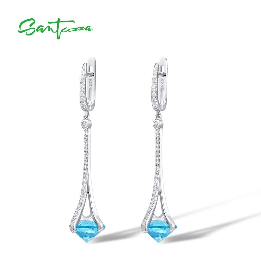 SANTUZZA 925 boucles d'oreilles goutte en argent Sterling rond bleu pierre blanc zircon cubique boucles d'oreilles élégantes pour les femmes de mariage de beaux bijoux