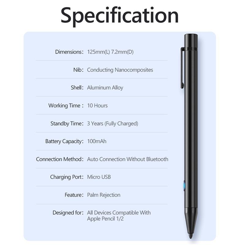 Lápiz óptico activo recargable para tableta, Stylus de pantalla táctil para iPad 10,2 Air 3 Mini 5, iPad Pro 11 12,9, dibujo y escritura