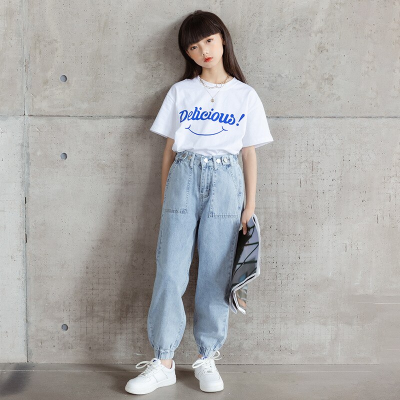 Pantalones vaqueros de cintura alta para niña, pantalón harén azul para adolescente, ropa informal para niño de 12, 13 y 14 años, Primavera