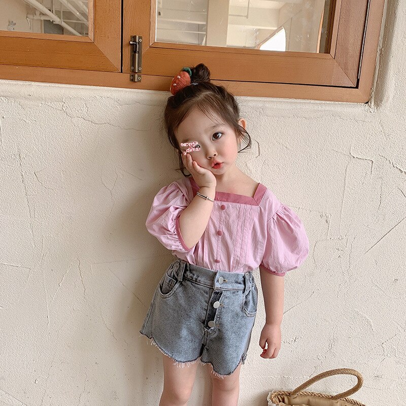 Zomer Koreaanse Stijl Baby Meisjes Katoenen Blouses Pure Kleur Bladerdeeg Mouw Tops Peuters Kids Vierkante Kraag Shirts: Roze / 6T