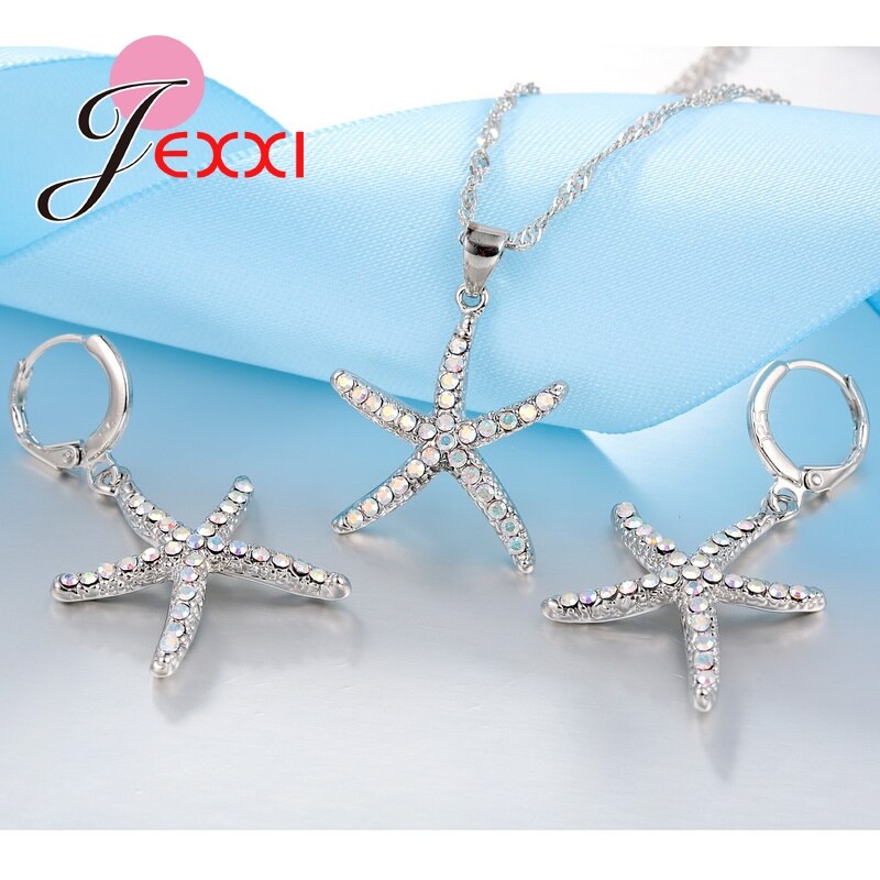 Woman Jewelry Sets Sweet Starfish Necklace &amp; Earrings With Pendant 925 Sterling Silver CZ Jewelry