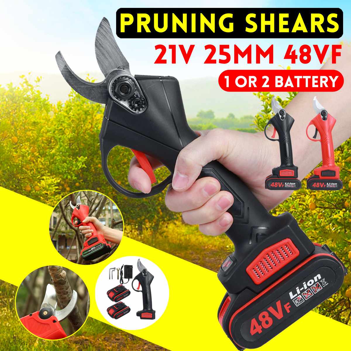 48VF 25mm Electric Cordless Pruner Pruning Shear with 9000mAh Lithium-ion Battery Efficient Fruit Tree Bonsai Pruning Cutter 21V