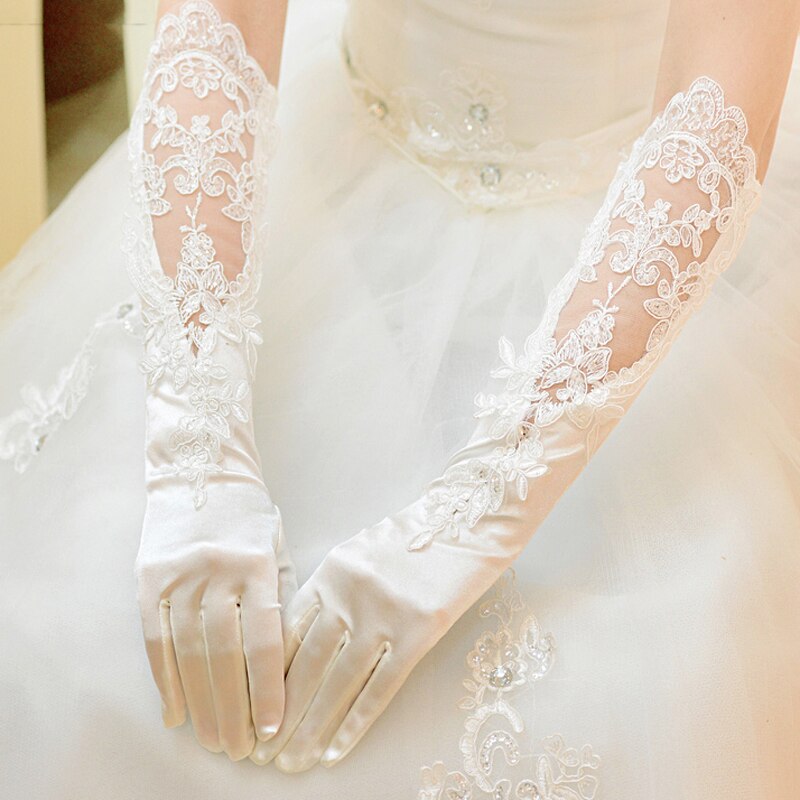 Lange Bridal Handschoenen Satijn Met Kant Bruiloft Accessoires Ivoor Bruids Handschoenen: Default Title