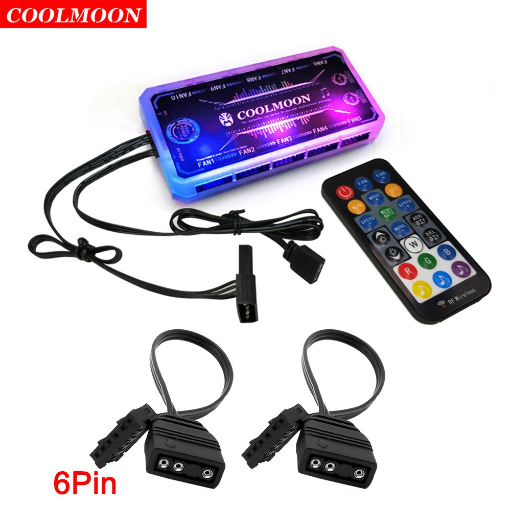 Coolmoon Smart Music 5V 3Pin ARGB Remote Controller HUB for Coolmoon 6Pin Chassis Cooling Fans 4Pin Light Strip Heat Dissipation: With 2pcs 6Pin Cable