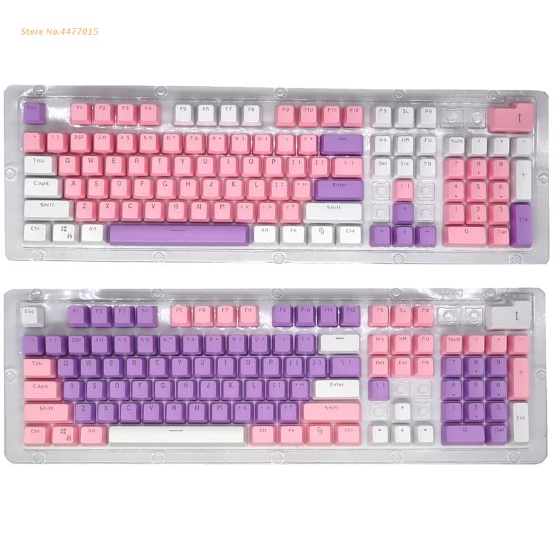 Juego de teclas de instalación de teclado mecánico, 3 combinaciones de colores (Rosa/morado/blanco), 104 PBT,
