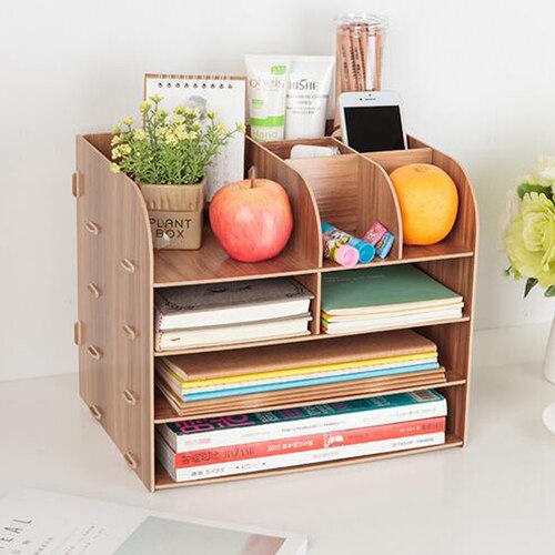 XRHYY Desktop Wooden Storage Box Office Supplies Finishing Storage Box Office File Rack Multi-Layer File Shelf A4 Data Bookshelf: Deep-Brown-2