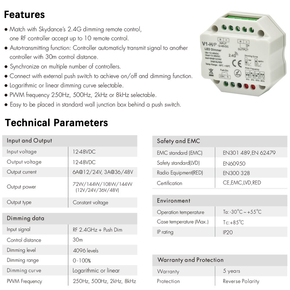 LED Dimmer 12V 24V 48V 6A/3A PWM Wireless Frequency Adjustable 2.4G RF LED Dimmer Switch ON OFF for Single Color LED Strip Light