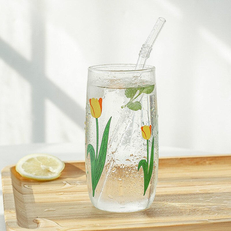 Tulp Ins Bloem Glas Cup Japan En Zuid-korea Handgeschilderde 390Ml Multifunctionele Transparant Bier whisky Melk Glas Cup