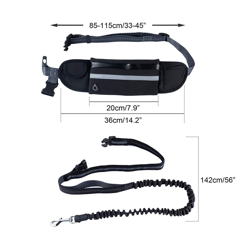 Hands Free Dog Running Leash with Waist Pocket Adjustable Belt Shock Absorbing Bungee Fits up to 45inch Waist black-ABUX