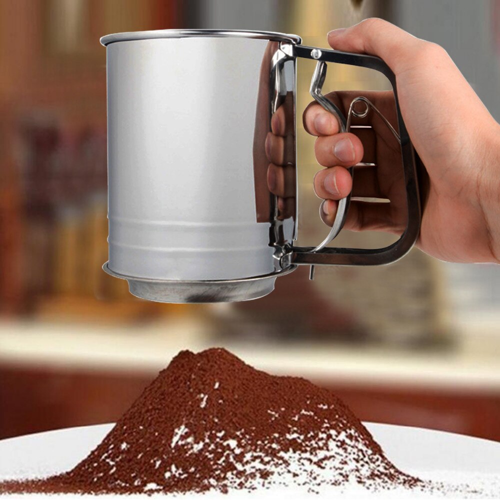 Rustfrit stål halvautomatisk mel sig krus mel sifter shaker bagning af konditorværktøj bageware filter til kaffe glasur