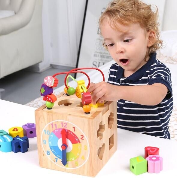 Color wooden bead beaded multi-function four-sided treasure box intelligence box early education puzzle children's toys