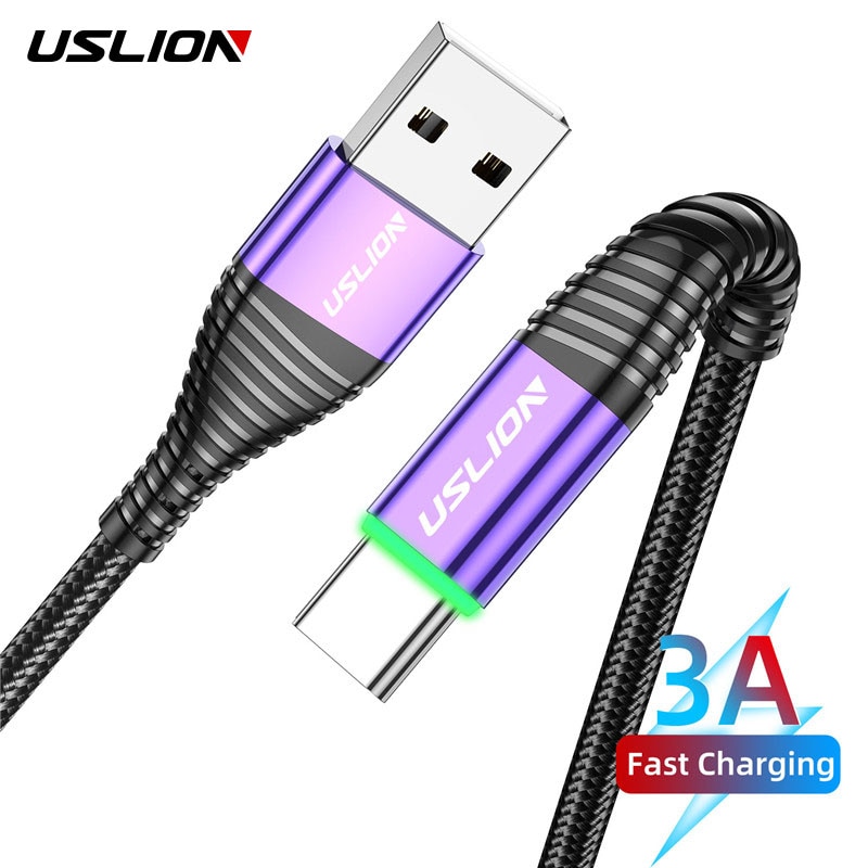 USLION USB Type C LED Fast Cable For Samsung S10 S9 Redmi note 8 pro Phone 3A Fast Charging USB-C Charger Wire Charger Data line