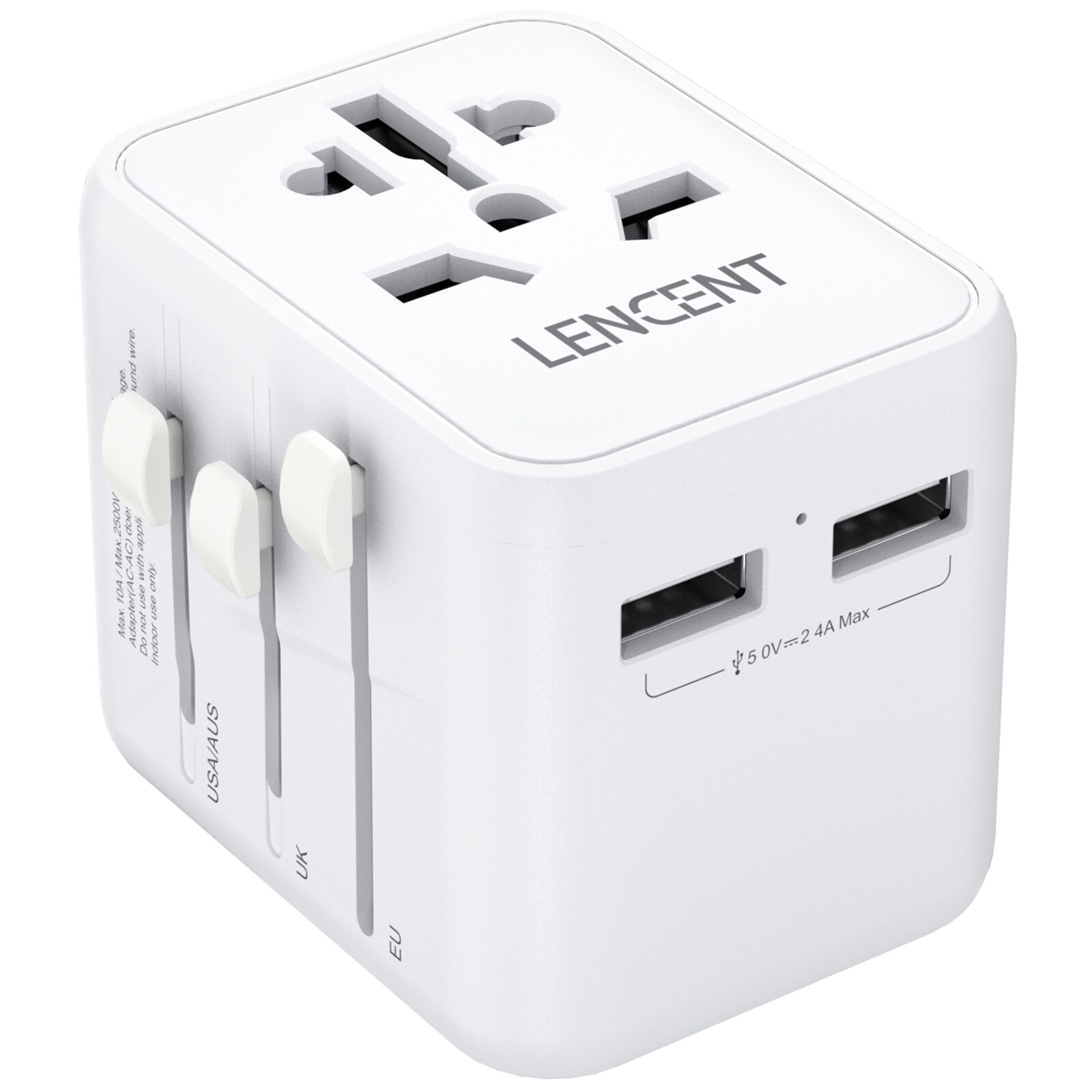 LENCENT International Travel Adapter with 2 USB Ports All-in-One Travel Charger Power Adapter EU/UK/USA/AUS Plug for Travel: WHITE