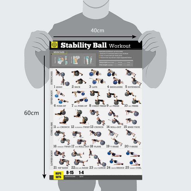 Afiche de ejercicio de Yoga, pelota de ejercicios de estabilidad, afiche de ejercicio para el peso corporal, ejercicio en casa
