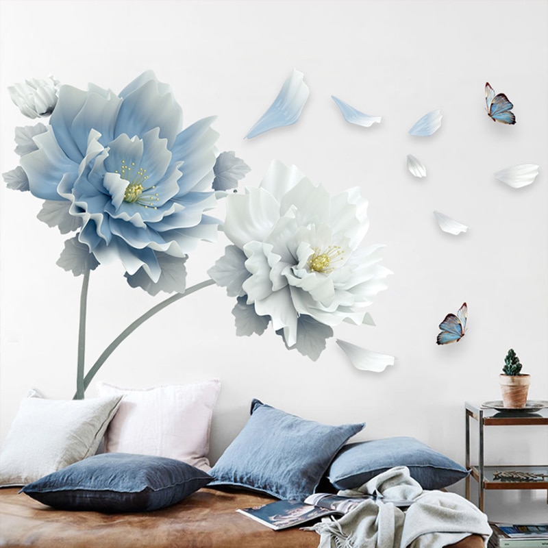 Stora vita blå blommor lotus fjäril avtagbara väggklistermärken 3d väggkonstdekaler väggmålning konst för vardagsrum sovrumsinredning