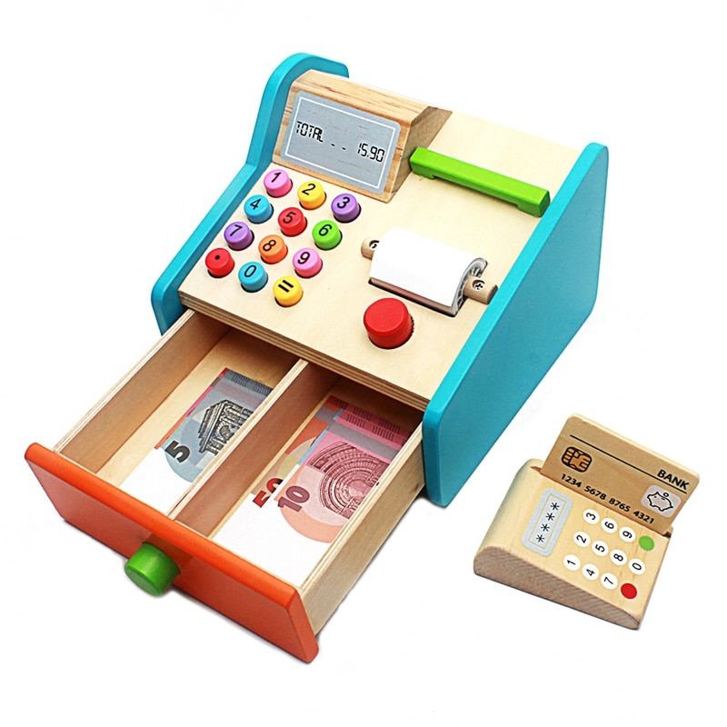 Giocattolo del bambino Di Legno Generi Alimentari Simulazione Registratore di cassa Giocattoli Vita Reale Cosplay Check-out Del Basamento Gioco del Gioco Giocattolo Educativo per I Bambini