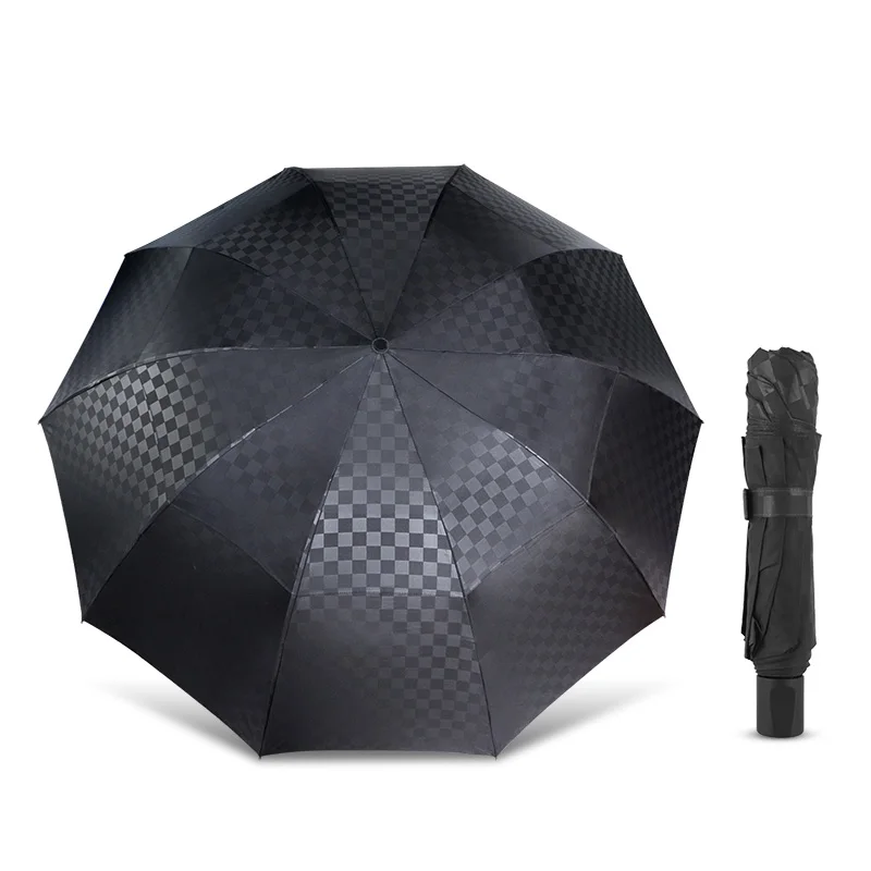 Double Layer 3Folding Umbrella Rain Women Men Big 10K Windproof Business Umbrellas Male Dark Grid Parasol Family Travel Paraguas: Black