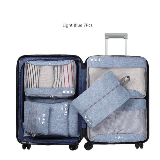 Portable Travel Bags Pouchs Set Storage Bag Suitcase Clothes Cosmetic Organizer Luggage Packing Laundry Accessories Supplies: Light blue 7 Pcs