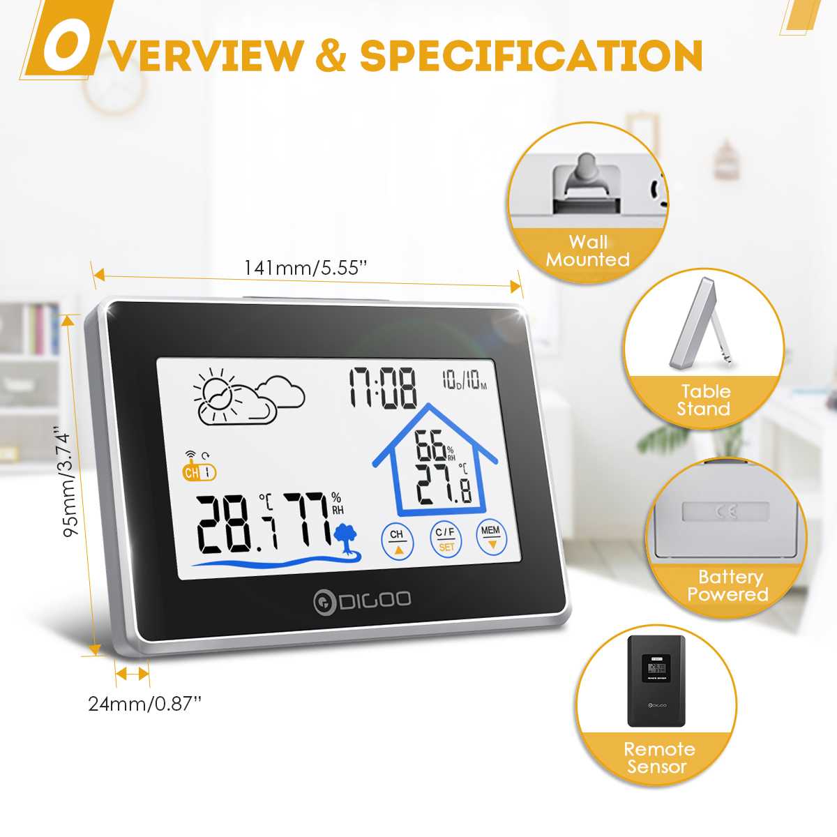 Digoo DG-TH8380 Big Screen Weather Station Thermometer Forecast Sensor IN/Outdoor Sensor with Temperature, Humidity