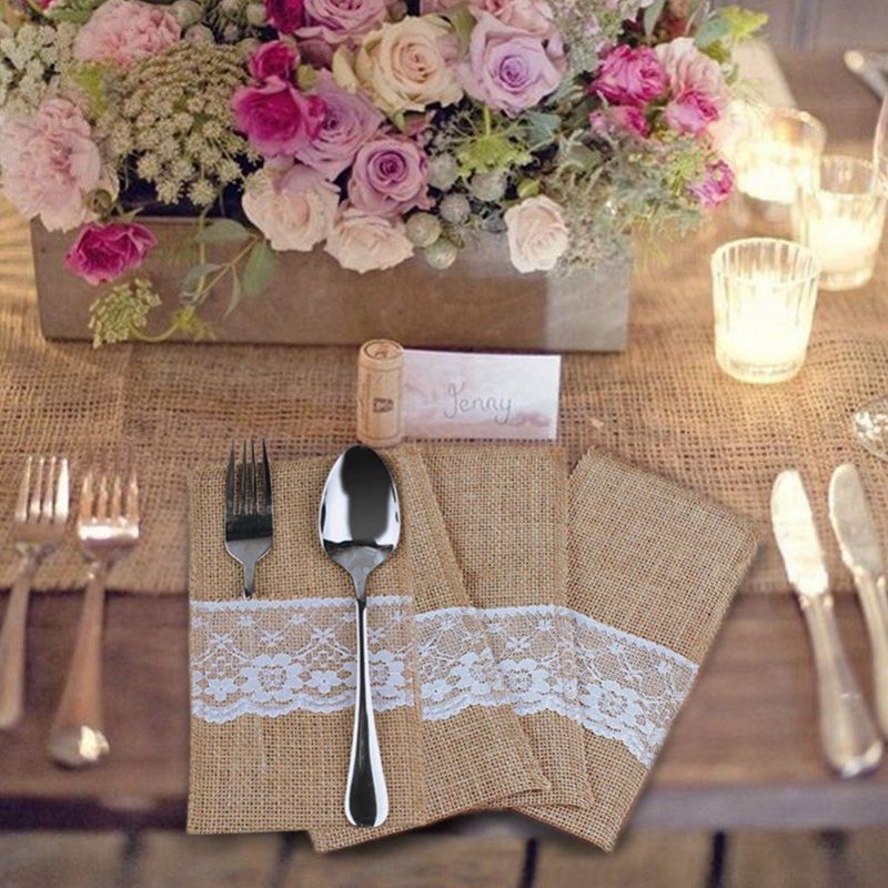 50 stk naturlig jute bestik knive og gafler bestik sæt sølvtøj taskeholder jute & blonder fest bryllup dekoration , 21 x 11cm