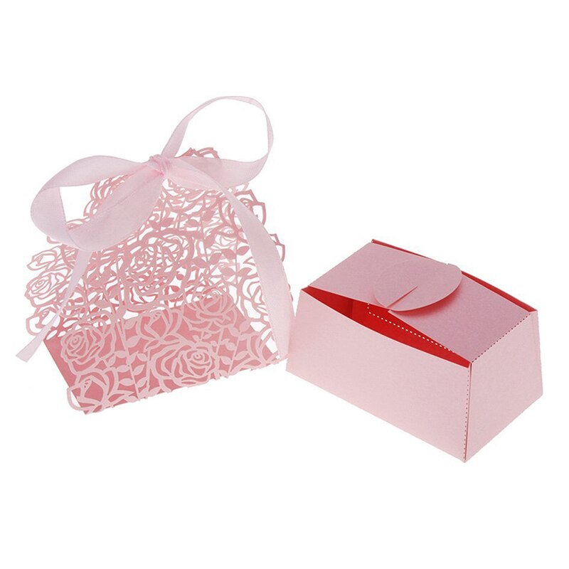 12Pcs Romantische Rose Diy Candy Cookie Favor Box Voor Wedding Party Met Lint