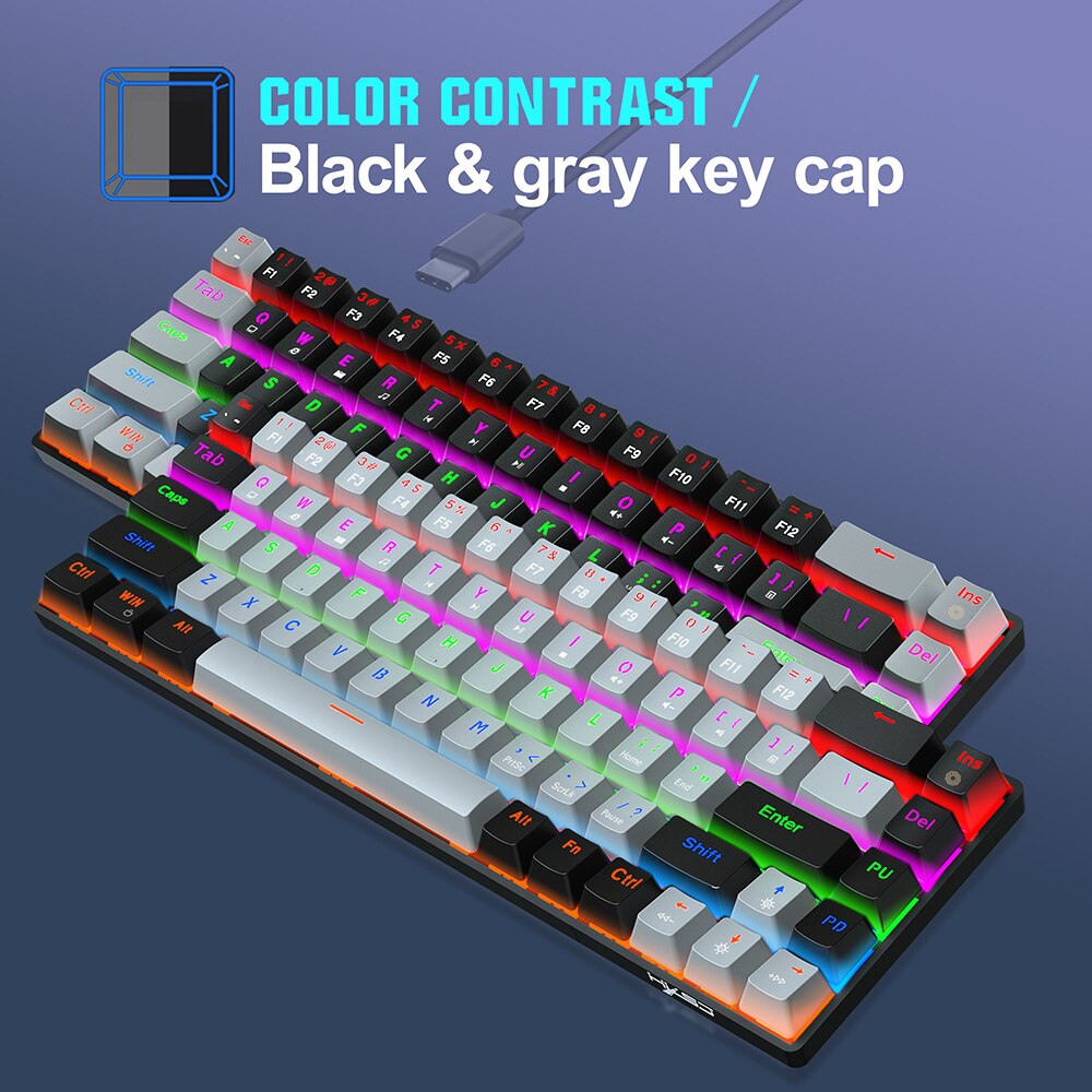 HXSJ V800 Wired Mechanical Keyboard 68 Keys RGB Gaming Keyboard with Detachable Type-C Blue Switch/Red Switch Keyboards for PC