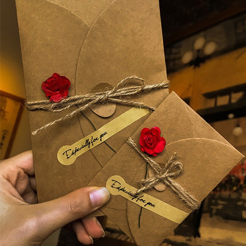 3Pcs Mini Envelope Vintage DIY Kraft Paper Invitation Greeting Card W/ Handmade Dry Flower Wedding Party Invitation Card