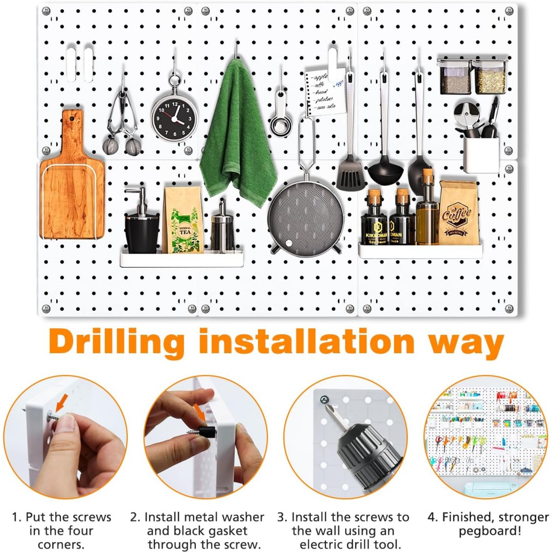 Organizador de estante de pared con tablero de agujeros de plástico, Panel de tablero perforado de exhibición de montaje en pared para dormitorio, estudio, oficina, baño, garaje, 4 Uds.