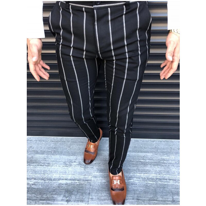 Heren gestreepte pantalon klassieke zakelijke kokerbroek heren pocket slim fit gestreepte slim fit pantalon heren casual broek: Zwart / M