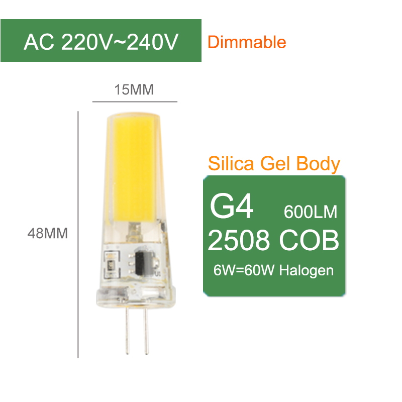 = (K) = LED COB G4 G9 E14 Dimbare Lamp AC/DC 12V 3w 5w 6W 220V LED G4 G9 Gloeilamp voor kroonluchter vervangen halogeen Lamp: G4 220V 6W Dimmable / Cold White / x1 pcs lamp