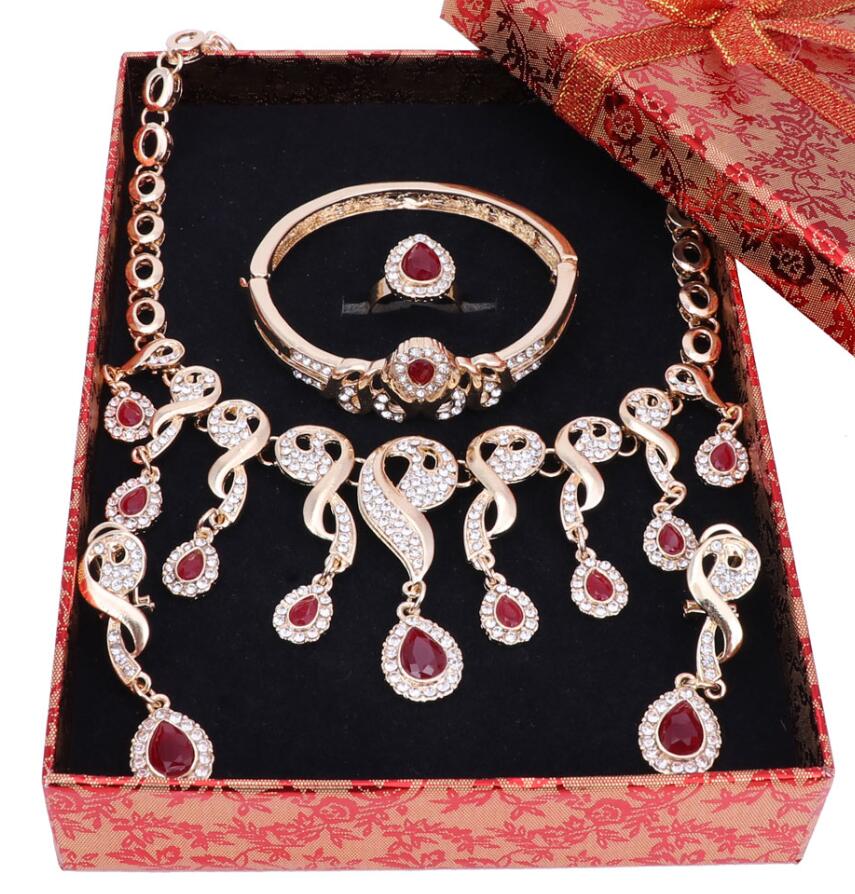 Goud Kleur Crystal Afrikaanse Kralen Sieraden Sets Voor Vrouwen Jurk Accessoires Bruiloft Bruids Ketting Oorbellen Armband Ring Sets: Red Set Add Box