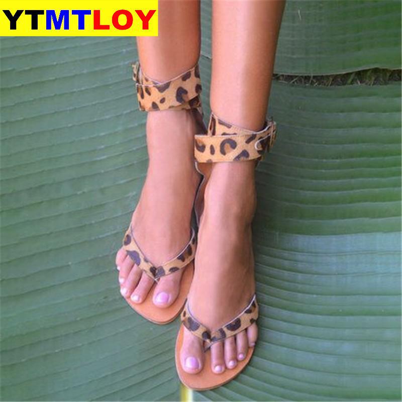Flat Shoes Women Ins Leopard Gladiator Sandals Low Heel Beach Buckle Strap Ankle Strap Flat With: Yellow / 41