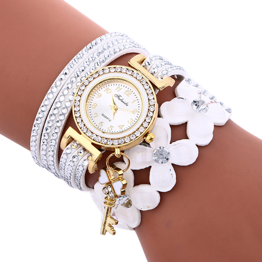 Sleutel Bloemen Wrap Rond Vrouwen Armband Horloge Luxe Strass Lederen Ketting Horloge Klok Dames Quartz Horloge Relogio # W