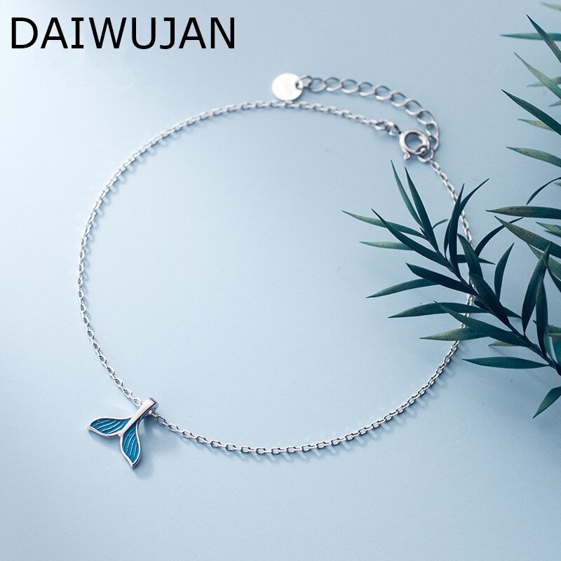 DAIWUJAN Real 925 Sterling Silver Smart Blue Mermaid Tail Pendant Anklets For Women Silm Chain Feet Beach Fine Jewelry