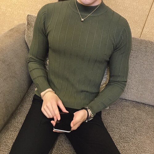 Herfst winter hoge kraag gestreepte trui boetiek effen kleur heren casual gebreide trui strakke herentrui