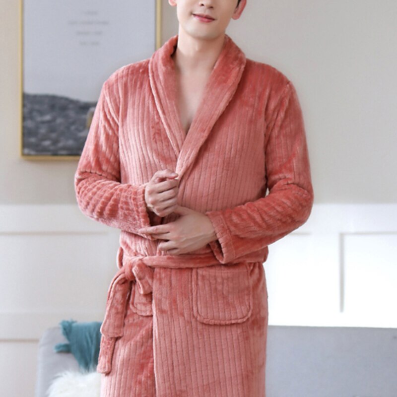 Men Casual Wine Red Kimono Bathrobe Autumn Winter Flannel Long Robe Thicken Warm Soft Sleepwear Nightgown Male Casual Home Wear: Bean Paste