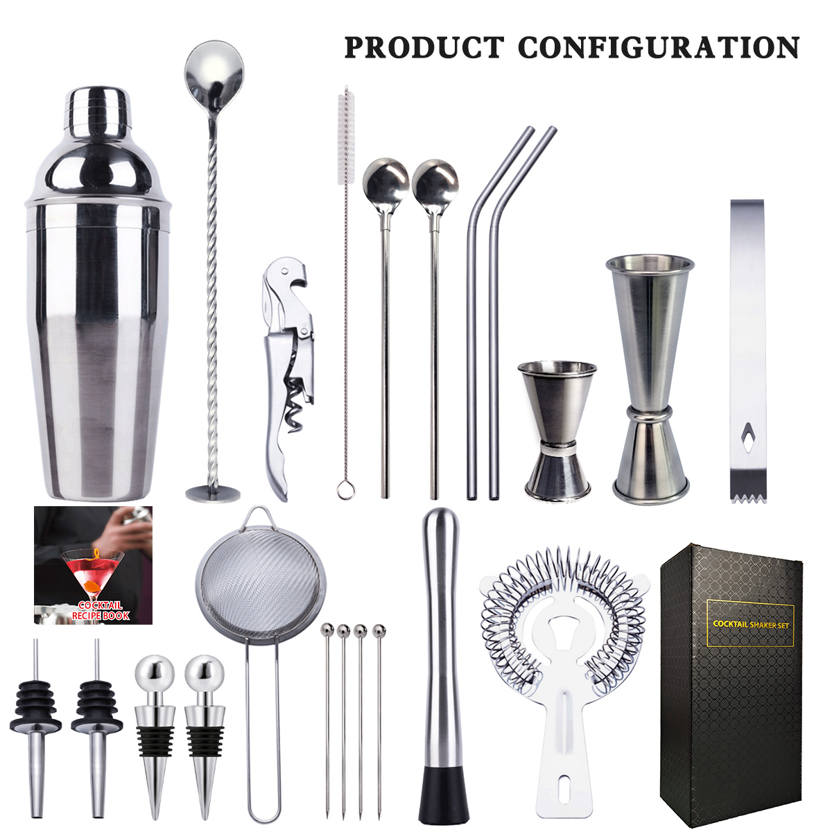 Stainless Steel Bar Cocktail Shaker Set Barware Tools Shaker Sets with Wooden Rack