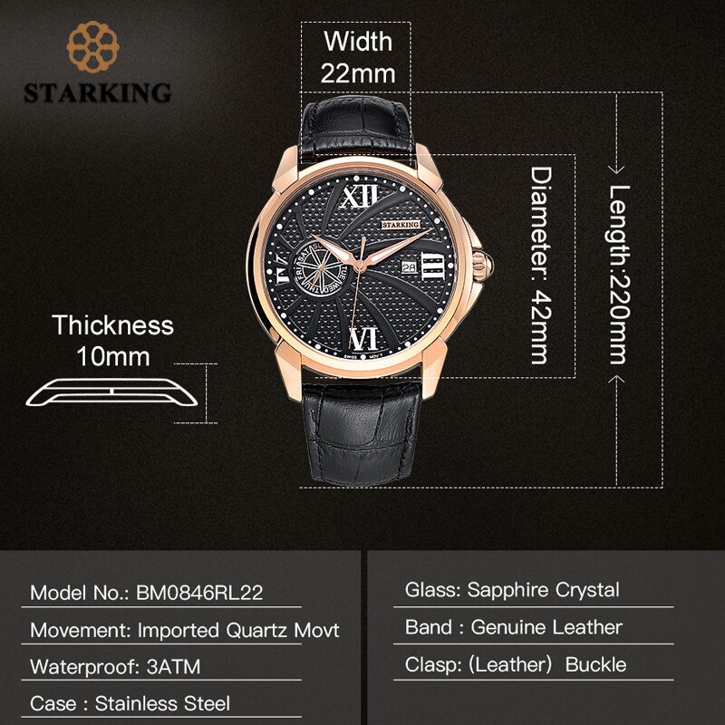 Relojes STARKING, reloj de para hombres, reloj de cuarzo negro de acero de lujo, reloj de pulsera deportivo de cristal de zafiro para hombre, reloj Masculino