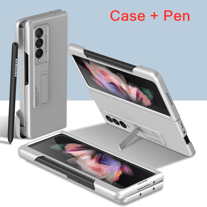 Magnetische Kickstand Pen Houder Slot Case Voor Samsung Galaxy Z Vouw 3 Case Met Mobiele Telefoon Stylus Pen Matte Hard pc Cover: Sliver With Pen