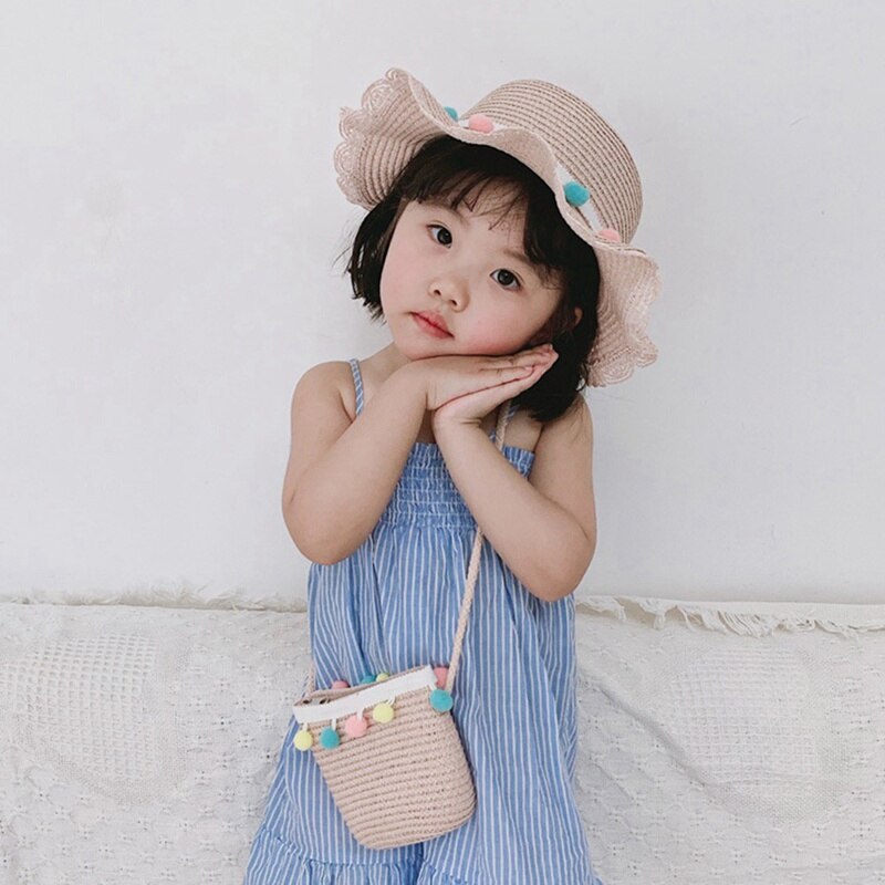 Gorro de paja tejida con ala ancha para niños y niñas, gorro de playa con pompón colorido, cubo flexible, bolso portátil