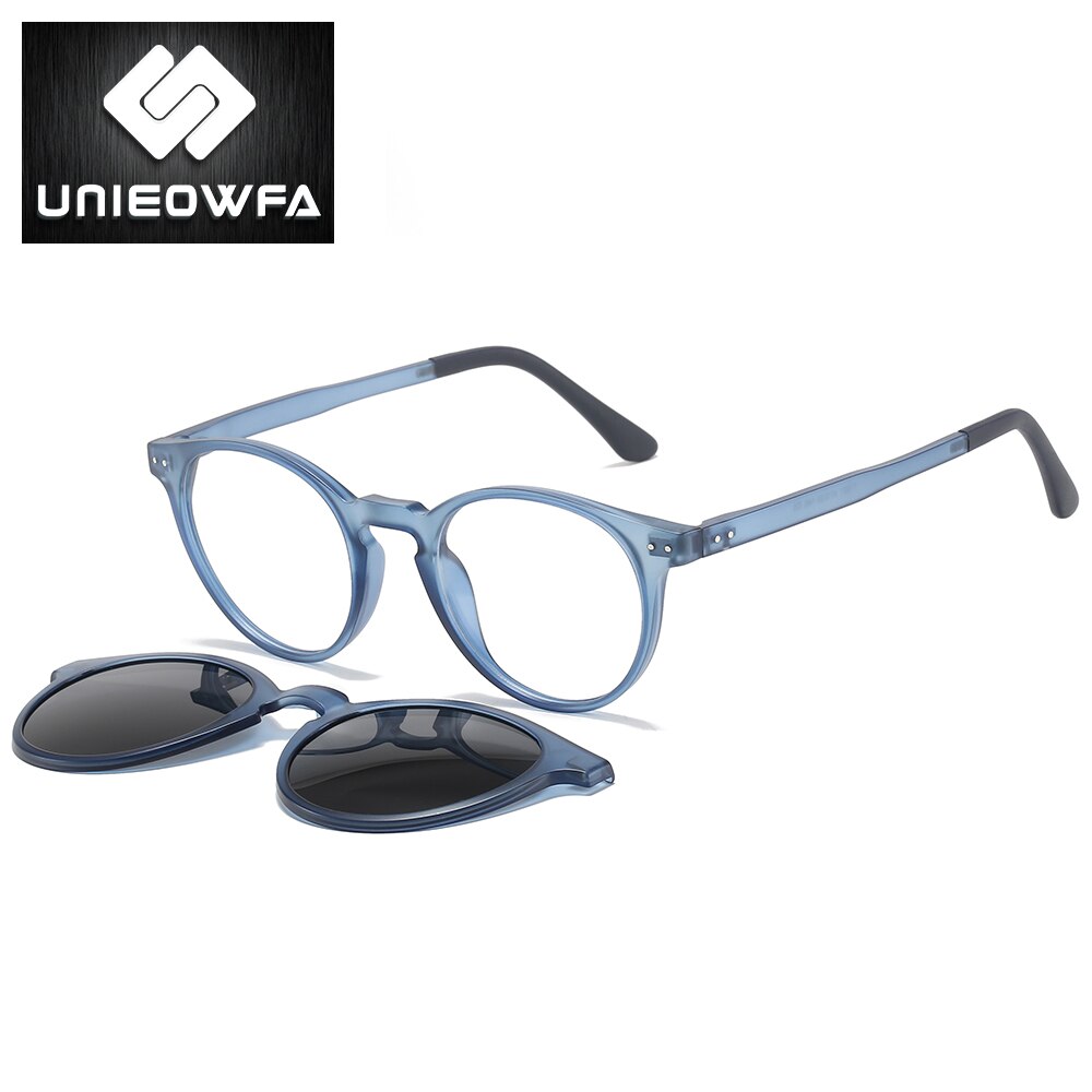 Polarized Magnet Clip On Glasses Frame Women Round Retro Prescription Frame Eyeglasses Men Optical Myopia Frame Blue Sunglasses