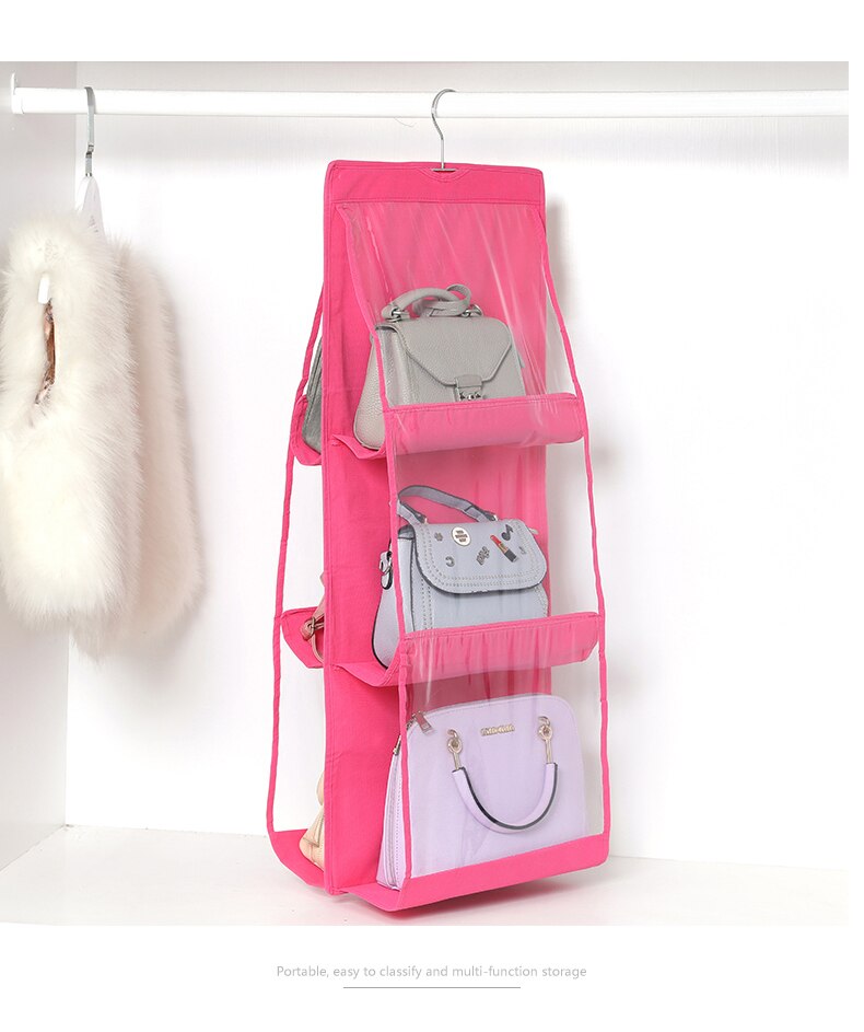 6 Pocket Folding Hanging Handbag Purse Storage Large Clear Holder Anti-dust Organizer Rack Hook Hanger Rack Bag: Red
