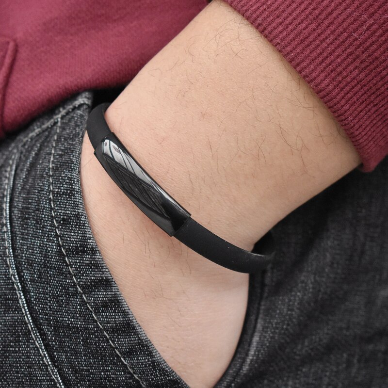 Black cool bracelet for men rubber silicone bracelet stainless steel bar bracelets jewelry year