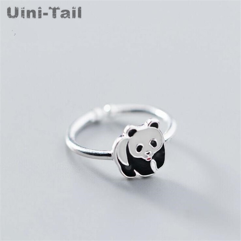 Uini-Staart 925 Sterling Zilveren Leuke Panda Opening Verstelbare Ring China Nationale Schat Zoete Mode Kleine Dier