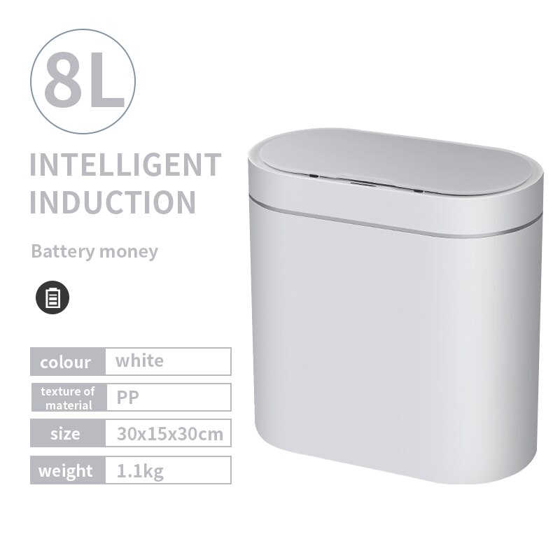12L/15L Smart Sensor Trash Can Household Automatic Electronic Trash Can Kitchen Waste Bin Trash Can for Bedroom Kitchen Bathroom: Battery white 8L