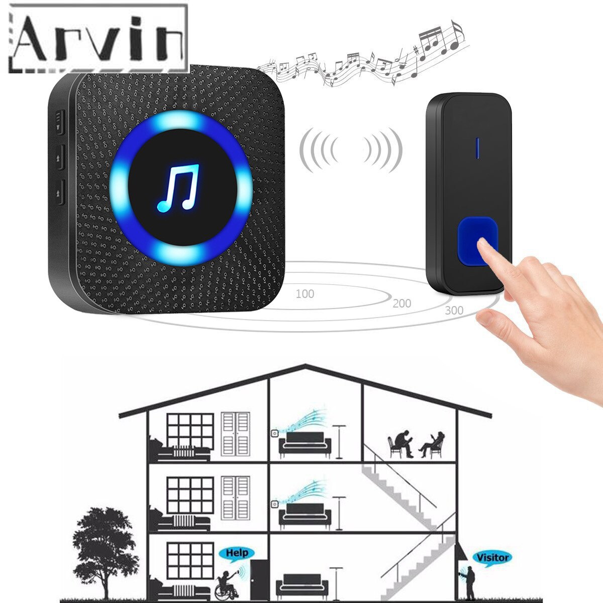 300M Wireless Door Bell Waterproof Battery Operated Loud Chime Doorbell Wireless Electronic Waterproof Houseware DC Doorbell