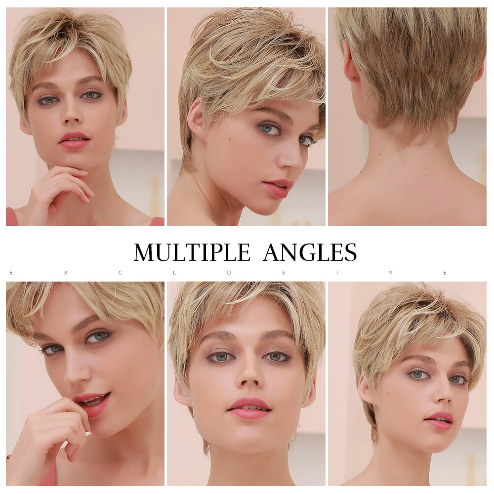 ALAN EATON Lace Front Wigs with Bangs Natural Layered Ombre Black Brown Blonde Pixie Cut Short Straight Lace Hair Wigs for Women